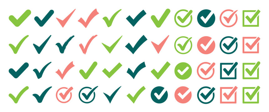 Set of colorful checkmark and tick icons for showing approval, confirmation, correct answers, and successful task completion
