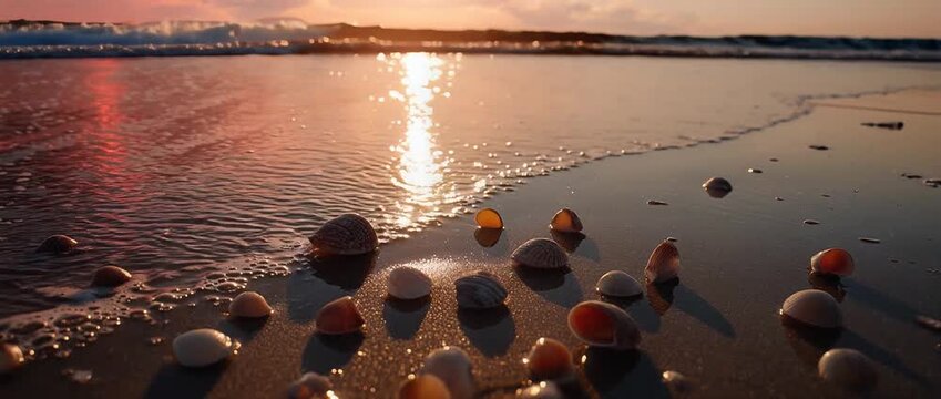 Golden hour sunset over seashells on a sandy beach with gentle ocean waves.