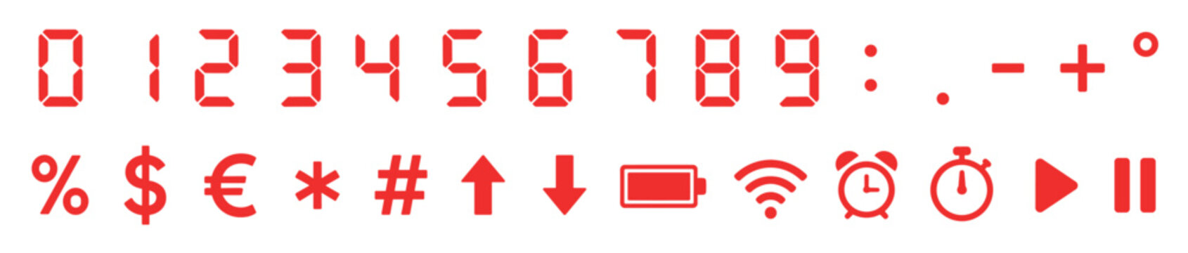 Digital display font set with glowing red seven-segment numbers and user interface icons for electronic devices like alarm clocks or calculators