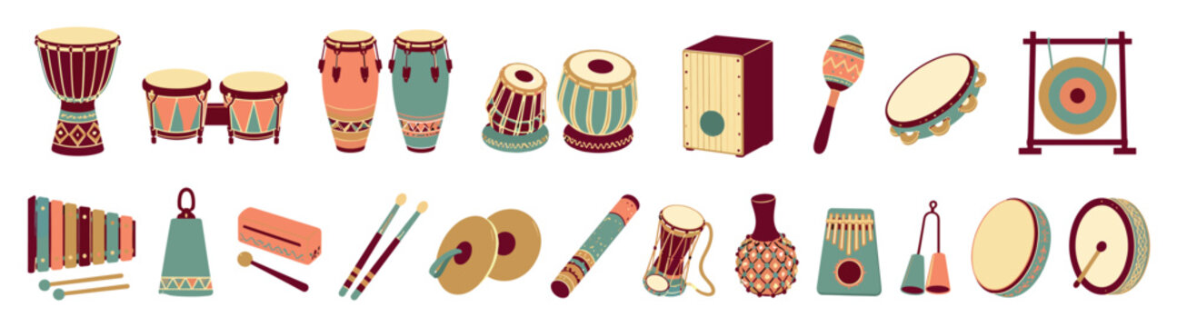 Large set of colorful world music percussion instruments, including various drums, shakers, and idiophones for ethnic or folk music concepts