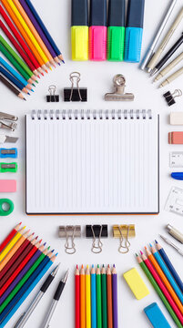A collection of colorful pencils, markers, pens, and other stationery arranged around an open notebook on a white background.