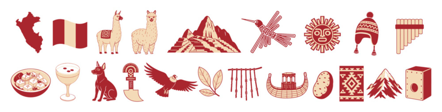 Set of Peruvian culture icons for travel and tourism, featuring famous symbols like the llama, Andes mountains, and Inca landmarks