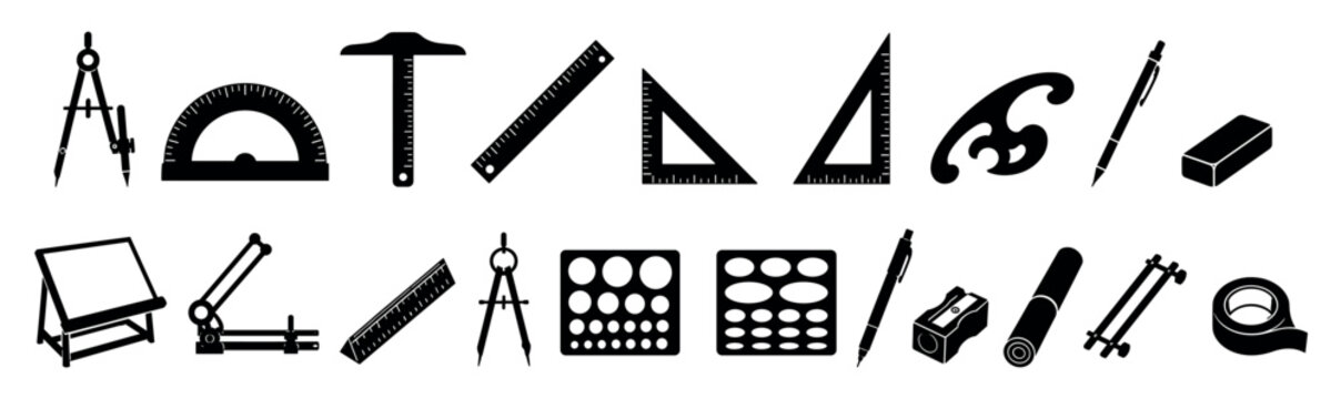 Set of architectural drafting tools with a compass, ruler, and protractor, depicted in a retro black and white halftone style
