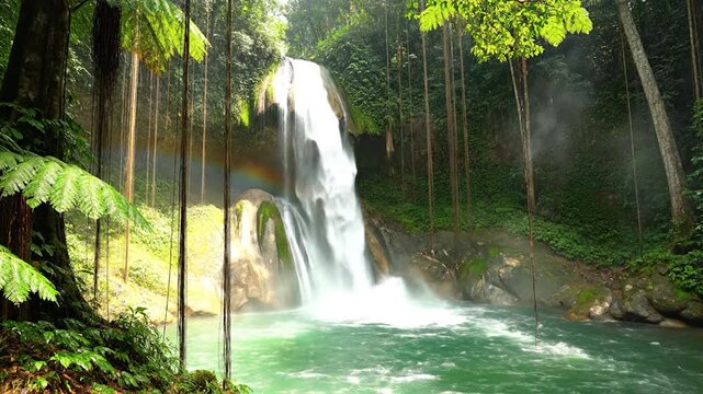 A beautiful tropical waterfall flows into a turquoise pool with a rainbow