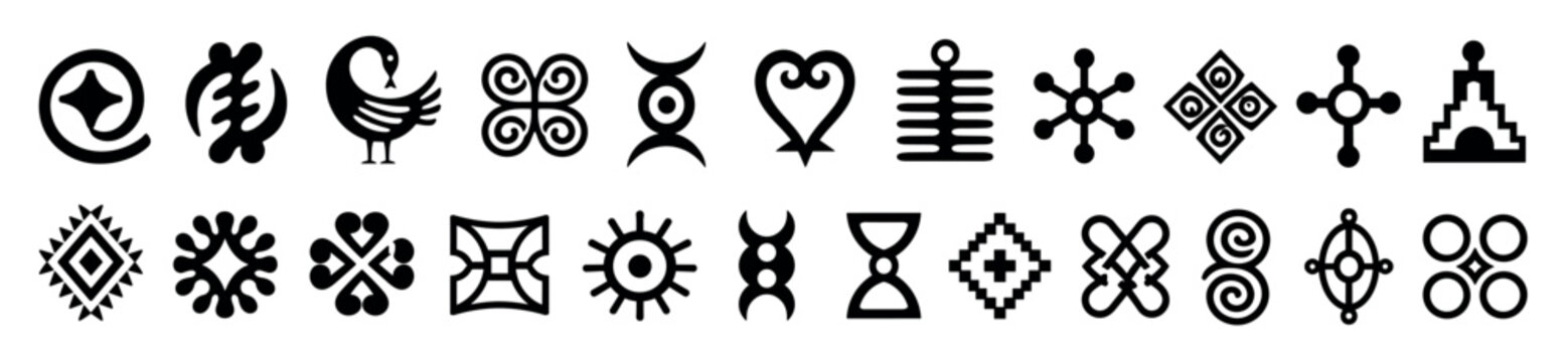 Adinkra symbols set from Ghana, a collection of West African pictograms representing concepts, proverbs, and traditional wisdom in a monochrome graphic style