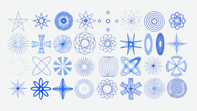 Collection of blue atomic age symbols and abstract line drawings on a light gray background abstract art atomic age atomic symbols