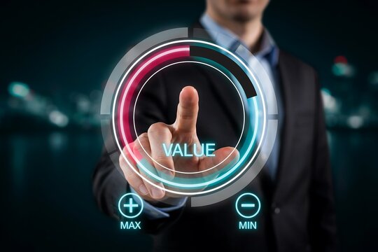 Businessman touching digital value interface. Executive optimizing business performance metrics.