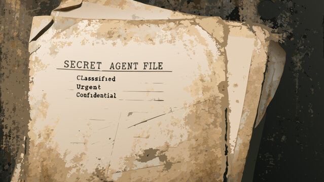 A weathered secret agent file with classified markings is depicted in a realistic illustration style confidential document folder