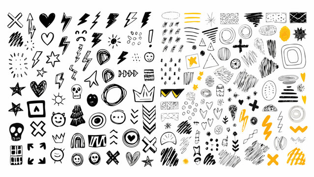 Hand drawn grunge doodles collection featuring hearts stars lightning bolts and various scribbles on a white background abstract art