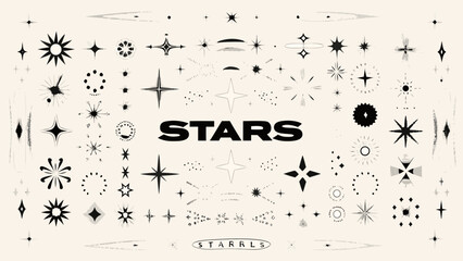 Collection of hand drawn star illustrations in black ink arranged on a light beige background astral celestial constellation © Bikas