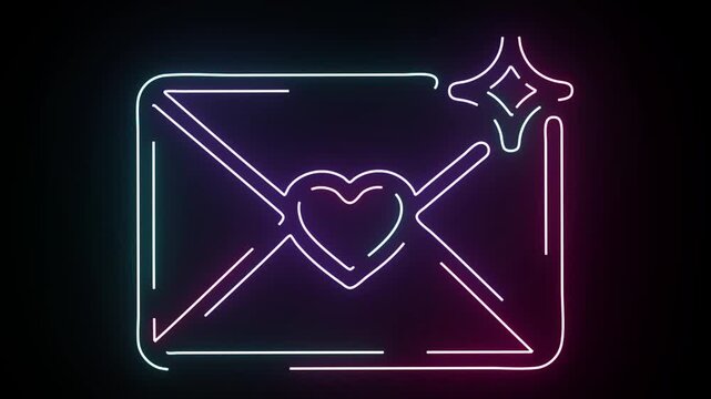 Glowing neon love letter envelope with heart symbol and sparkling star icon animated on a black background for romantic holidays and messages