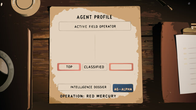 Agent profile document with classified markings and operation red mercury details vector illustration intelligence dossier field operator flat