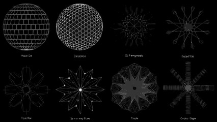 Wireframe 3d geometric shapes collection on a black background showcasing polygonal structures and complex designs geometry mesh model © Bikas