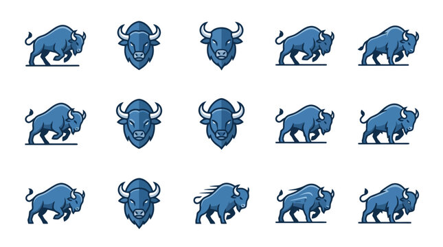 Elegant Collection of Blue Minimalist Bull and Bison Icons in Various Stylized Poses and Head Shots