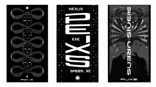 Three monochrome vertical posters with stylized text and graphic elements reminiscent of early internet aesthetics abstract design aesthetic art