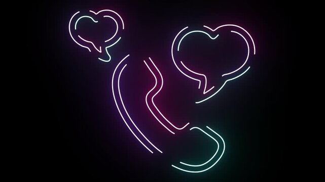 Neon light animation of a glowing telephone receiver and heart shaped speech bubbles pulsing in pink and blue colors on a dark black background