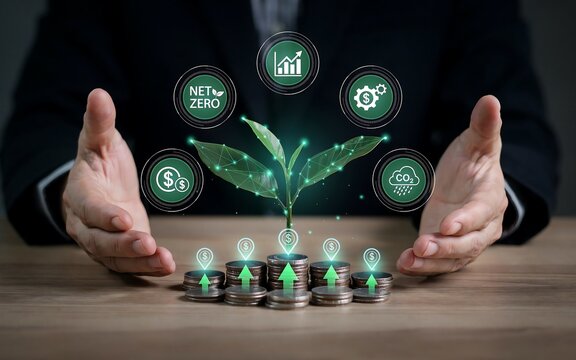 Businessman holding digital plant and coins. ESG investment and sustainable growth concept.