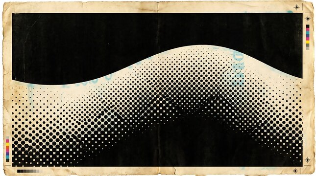 Abstract halftone wave pattern design featuring vintage paper texture with dark ink and printer marks