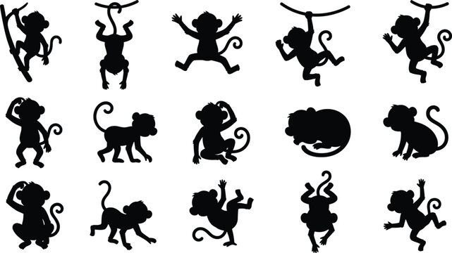 Cute Funny Monkey Silhouette Collection - Playful Animal Vector Clipart