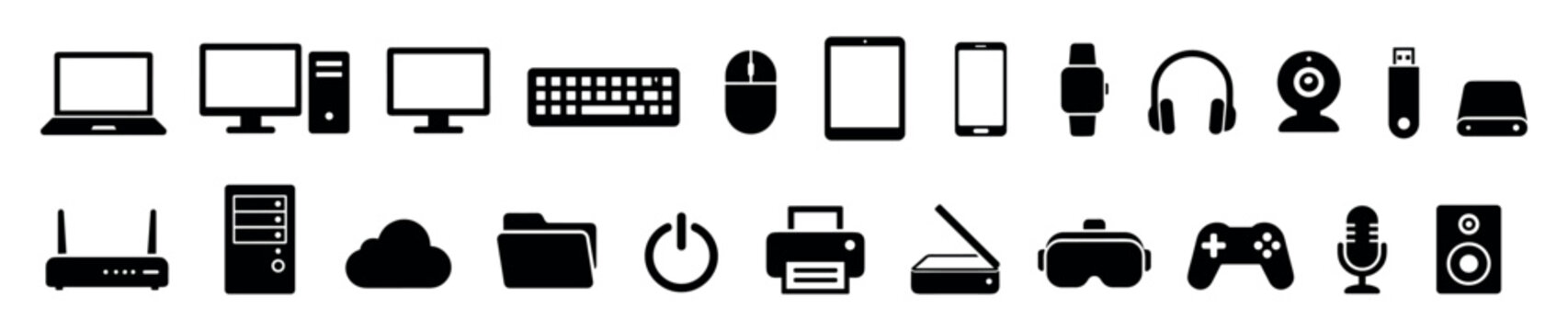 Set of computer and electronics icons rendered in a vintage halftone style, featuring various digital devices like laptops, phones, and gaming accessories