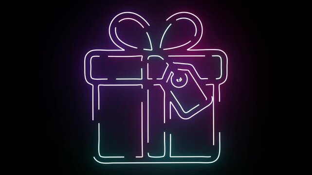 Glowing neon gift box outline with a price tag shimmering in vibrant blue and purple colors on a black background for holiday sales promotions