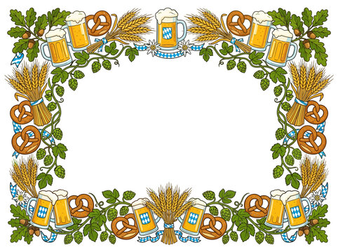 Oktoberfest decorative border frame with beer mugs pretzels wheat ears and hop branches