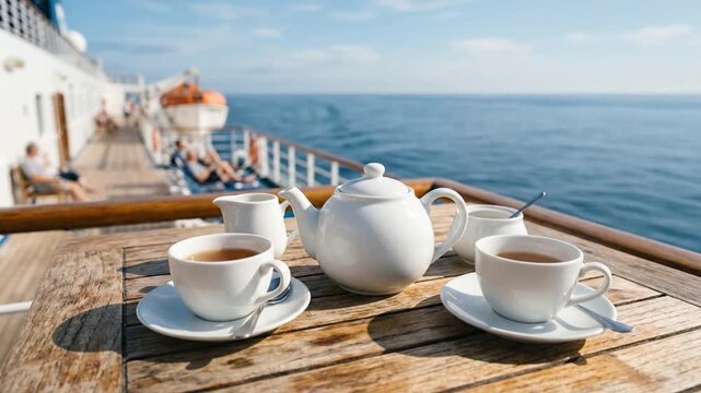 White tea set on wooden table on cruise ship deck with ocean view