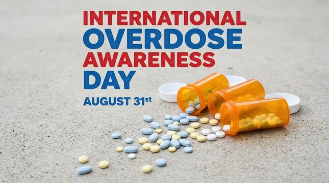 International Overdose Awareness Day campaign with scattered pills. Opioid crisis prevention concept featuring prescription medication on concrete...