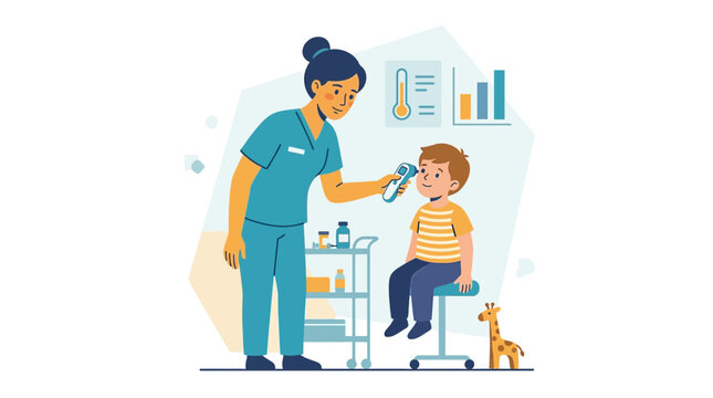Nurse checking young boy's temperature with digital ear thermometer in clinic examination room, pediatric healthcare concept