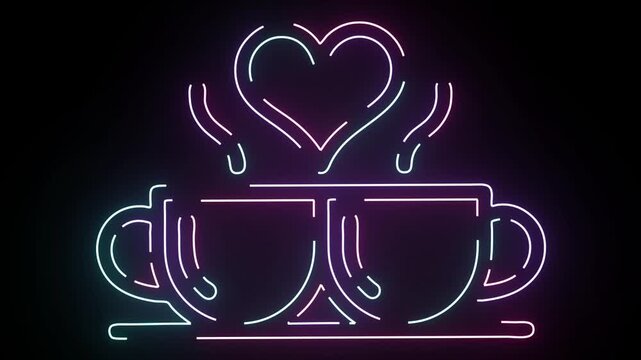 Glowing neon sign of two coffee cups with steam forming a heart symbol on black background pulsing with vibrant pink and blue retro light effects