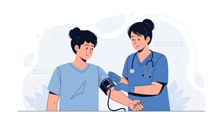 Fototapeta premium Nurse Checks Patient Blood Pressure - Modern Vector Illustration for Healthcare and Medical Concepts