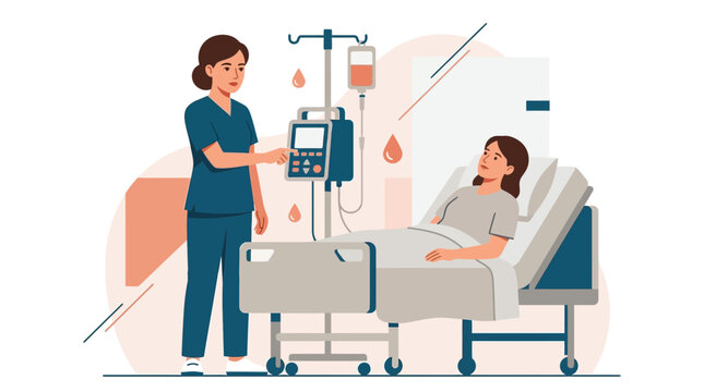 Nurse checks infusion pump for patient in hospital bed. Medical care and treatment illustration.