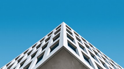 Obraz premium A modern, white, geometric building with a blue sky in the background.