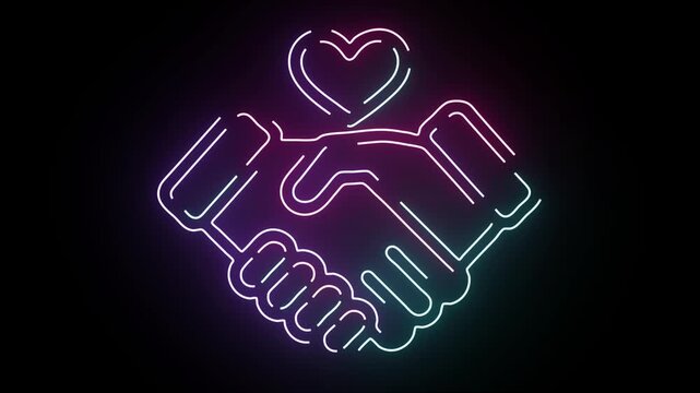 Glowing neon handshake line icon with a heart symbol pulsating in vibrant blue and magenta pink colors on a dark background for business and charity