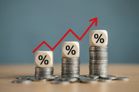 Rising interest rates concept. Financial growth with percentage signs on coin stacks.