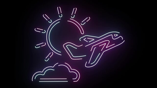 Glowing neon icon of a passenger airplane flying near the sun and a cloud on a black background with beautiful purple and blue light effects