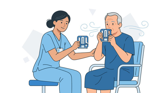 Nurse demonstrates breathing exercise to elderly patient using incentive spirometer, promoting lung health and recovery.