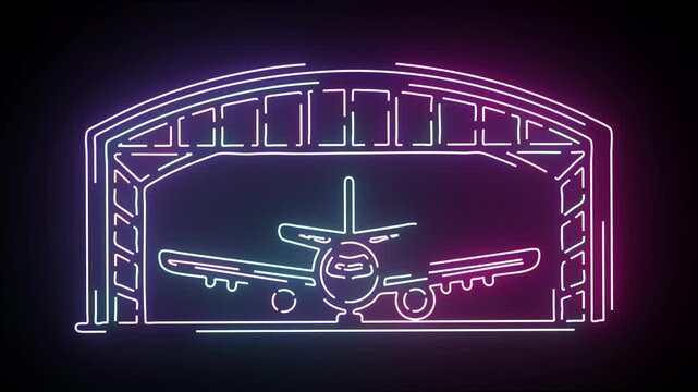 Glowing neon line animation of a passenger airplane inside an airport hangar with shifting purple and blue light colors on a dark background