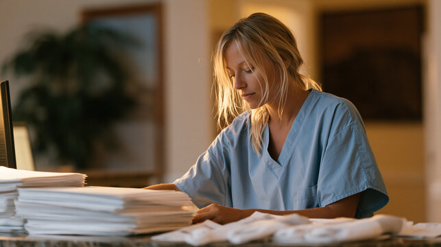 Overworked podiatry clinic assistant reorganizing a patient intake area after a long shift, stacking patient files, compression sock samples on the counter, medical office