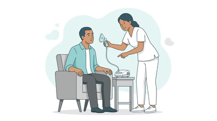 Obraz premium Nurse demonstrating nebulizer treatment to patient in chair, medical care, respiratory health, illustration