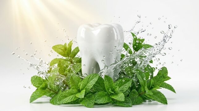 Fresh mint leaves with toothpaste on white background. Natural oral care ingredients for dental hygiene products and herbal remedies.