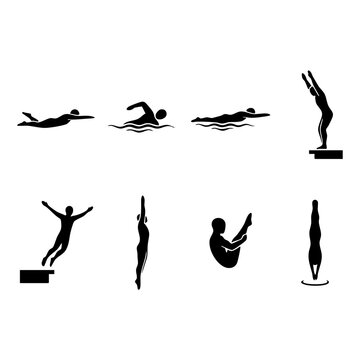 People swimming and diving silhouettes set with swimming silhouette exercise activity competition collection isolated training recreation performance technique lifestyle wellness movement