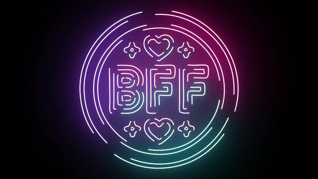 Vibrant Neon Sign Glow Animation Featuring BFF Text Inside Glowing Circular Frame With Heart Shapes And Decorative Patterns On Dark Abstract Backgroun