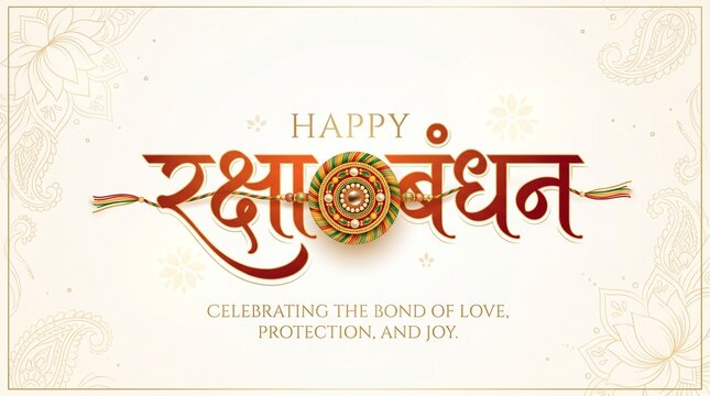 A wide horizontal banner design celebrating the Indian festival of Raksha Bandhan. In the center, the words "रक्षाबंधन" are written in a beautiful, stylized Devanagari calligraphy script with an elega