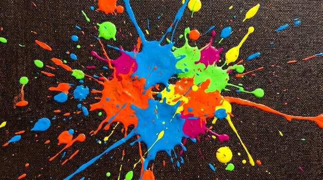 Bright neon paint splashes creating a chaotic abstract pattern on a textured dark canvas background surface