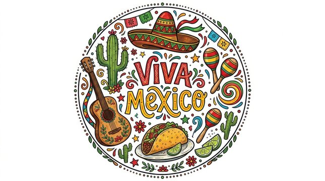 Vibrant Viva Mexico fiesta emblem with cultural icons. Colorful circular illustration of traditional Mexican heritage and celebration elements.