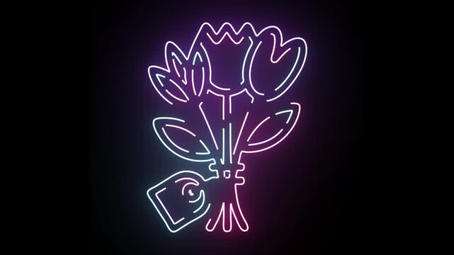 Vibrant Neon Tulips Flower Bouquet Sign Glowing with Pink and Blue Light Animation against a Dark Background for Creative Artistic Motion Graphics
