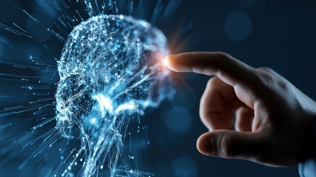 A hand touching a digital representation of a human brain against a dark background.