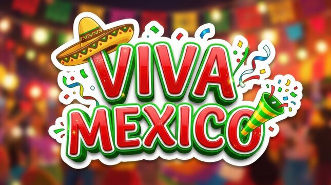 Vibrant Viva Mexico festival sign with colorful lights. Celebratory Cinco de Mayo banner for cultural event promotions.