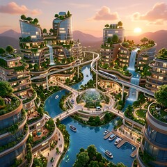Fototapeta premium Modern futuristic city with green rooftops and water canals